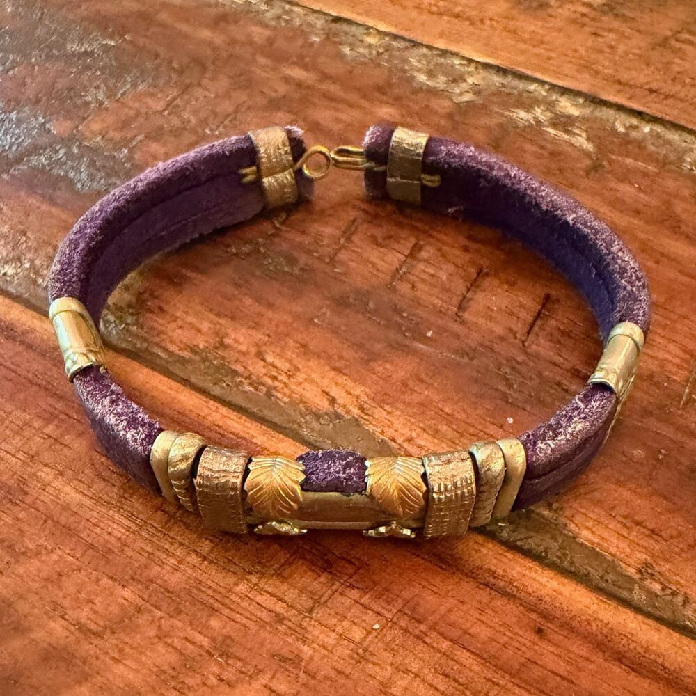 Purple Leather Cord Bracelet Gold Tone Leaf Tube Magnetic Clasp Boho Artisan